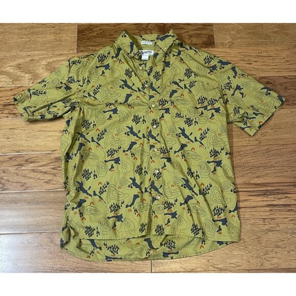 DULUTH Untucked Men's Sz L Tall Green Camping Map Theme Relaxed Fit Button Down - Picture 1 of 6
